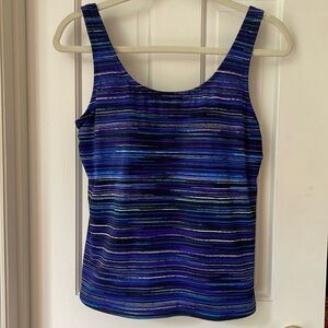 LL BEAN Women's Swimwear, Scoopneck Tankini Top Stripe, Black Blue Purple, Sz 10